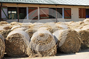 Hay bales are stacked in large stacks on an unknown riding centre