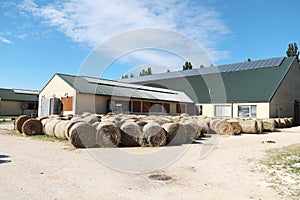 Hay bales are stacked in large stacks on an unknown riding centre