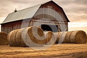 hay bales stacked beside a wooden barn
