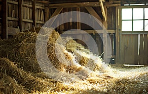 Hay bales and window in barn. A pile of hay in the barn