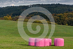 Hay bales wrapped in pink foil.