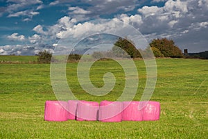 Hay bales wrapped in pink foil.