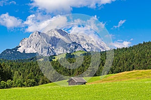 Hay hut in the Humpback Meadows between Mittenwald and Kruen, Germany