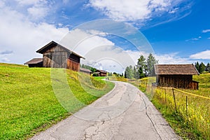 Hay huts in the Humpback Meadows between Mittenwald and Kruen, Germany