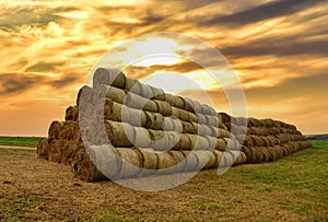 Hay storage in field near farm on sunset. Haystacks prepared for animal feed in winter. Stacks dry hay open air field storage.