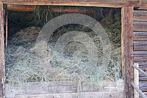 Hay stored in a wooden hayloft