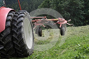 Hay tedder machine in agriculture