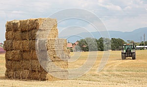 Hay tractor stacking hay bales on a big pile