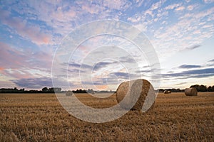 A haybale after the harvest at dusk time