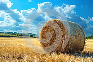 Hayfield serenity Landscape with a solitary hay bale under blue