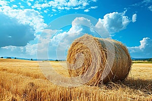 Hayfield serenity Landscape with a solitary hay bale under blue