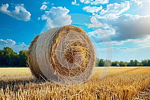 Hayfield serenity Landscape with a solitary hay bale under blue