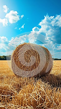 Hayfield serenity Landscape with a solitary hay bale under blue