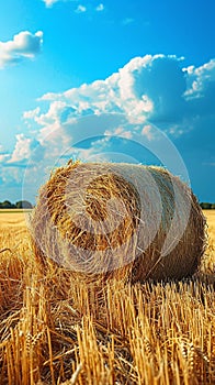 Hayfield serenity Landscape with a solitary hay bale under blue