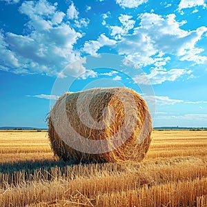 Hayfield serenity Landscape with a solitary hay bale under blue