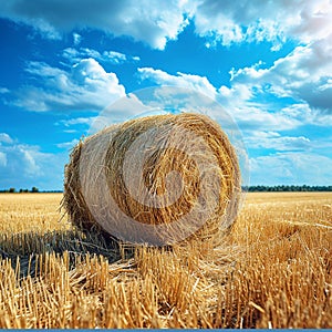 Hayfield serenity Landscape with a solitary hay bale under blue