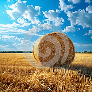 Hayfield serenity Landscape with a solitary hay bale under blue