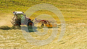 Haymaking on a hillside with rows of hay, a hay tedder and a hay-loader