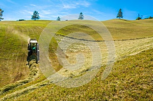 Haymaking on a hillside with rows of hay, a hay tedder and a hay-loader