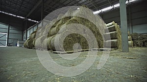 Hayricks placed on pallets in shed at farm