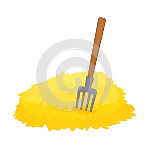 Haystack with fork isolated on white background in cartoon style stock vector illustration. Bale of hay, wheat pile