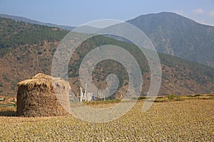 Haystack, Memorial Flags, and Mountain Landscape, Bhutan