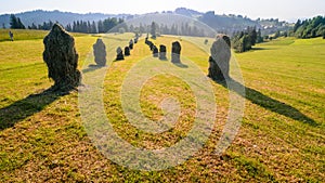 Haystack on a mowed meadow. Haymaking in Podhale