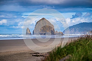 Haystack Rock is a 235 ft-tall sea stack in Cannon Beach, Oregon.