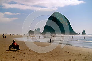 Haystack Rock with Beach Bike and Beachcombers