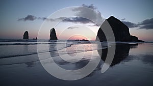 Haystack Rock, Cannon Beach Sunset 4K. UHD.