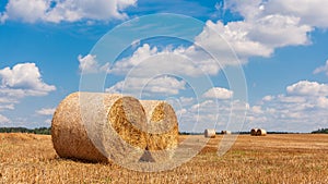 Haystacks. The farm with the sky. Countryside on farmland. Straw in the meadow. Yellow-gold wheat crop in summer. Rural natural