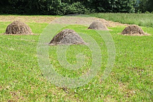 Haystacks on the grass background, countryside landscape