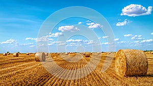 haystacks lie in a field on a farm, grain harvest