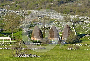 Haystacks in the mountain village in Montenegro