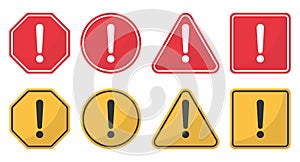 Hazard attention sign set. Collection yellow and red of signs with with exclamation mark in circle, triangle, square and polygon