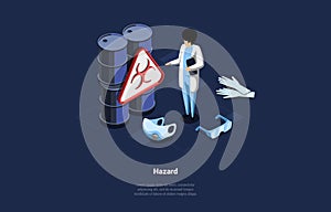 Hazard And Biological Weapon Concept. Laboratory Scientist Near Barrels With Dangerous Contents Inside. Means of