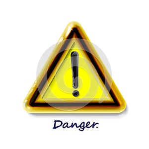 Hazard warning attention sign with exclamation mark symbol. Luxury icon realistic 3d plastic yellow modern glossy danger in light