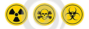 Hazard warning signs. Biological and radiation hazard. Toxic and chemical hazard icons isolated on white background