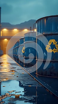 Hazardous materials Radioactive waste barrels, storage station with warning signs