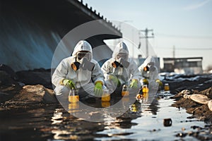 Hazardous materials workers collecting samples in an industrial zone safely
