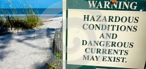Hazardous rip currents warning sign on hunting island nc