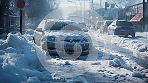 hazardous road conditions due to Icy snow Winter Weather, cars after snowstorm on a winter