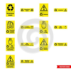 Hazardous waste recycling signs icon set of color types. Isolated vector sign symbols. Icon pack