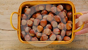 Hazelnut basket.Hand puts a basket of hazelnuts on a wooden table.Farmed organic ripe hazelnuts