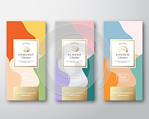 Hazelnut, Cashew and Almond Chocolate Labels Set. Abstract Vector Packaging Design Layout with Soft Realistic Shadows