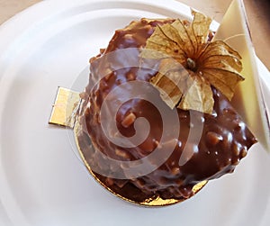 Hazelnut chocolate cake on a white plate