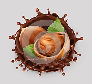 Hazelnut and chocolate splash. 3d vector icon