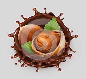 Hazelnut and chocolate splash. 3d vector icon photo