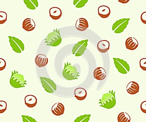 Hazelnut, cobnut, filbert, nut, leaves and plant, seamless vector background, pattern
