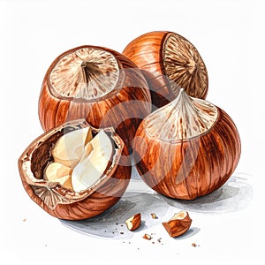 Hazelnut Group Illustration on White Background with Detailed Shell Texture